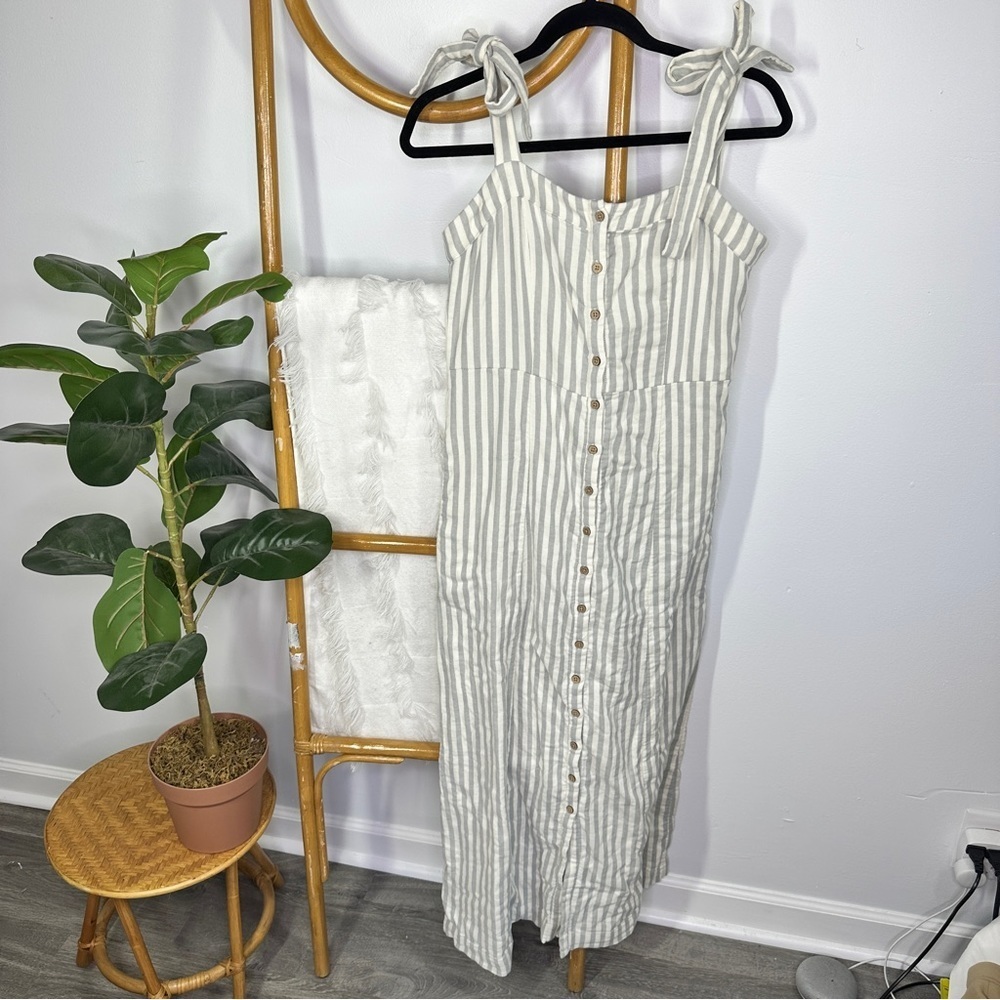 Faherty Grey and Cream Striped Midi Dress sz M - Picture 2 of 9